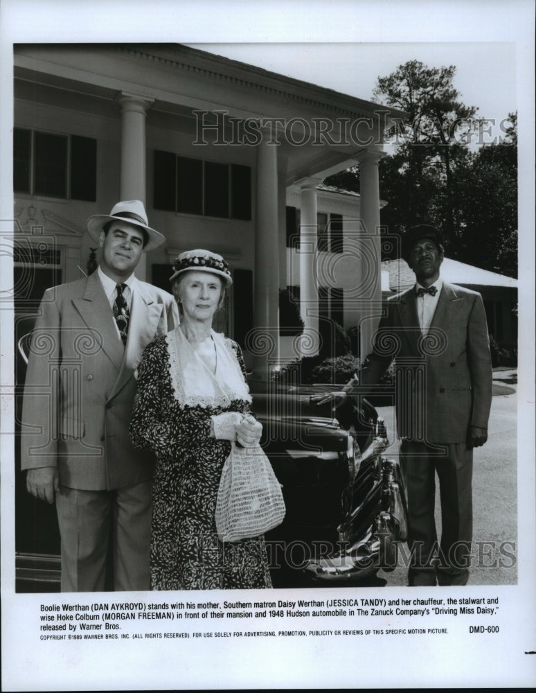 1989 Press Photo Dan Aykroyd, Jessica Tandy &amp; Morgan Freeman, Driving Miss Daisy- Historic Images