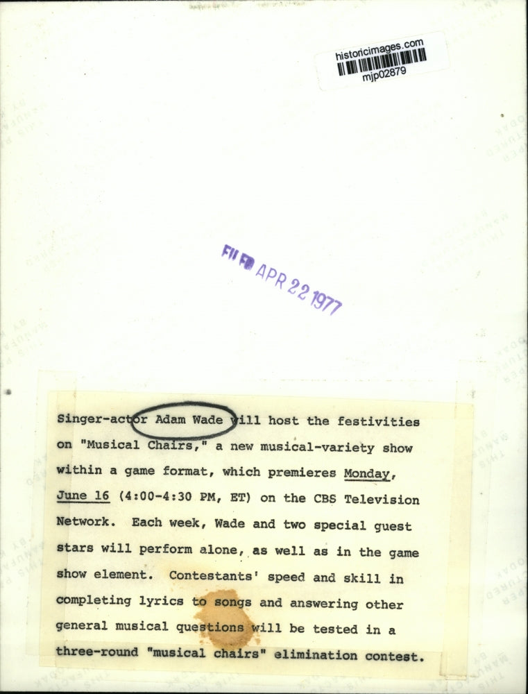 1977 Press Photo Adam Wade, Singer & Actor Will Host Musical Chairs - mjp02879