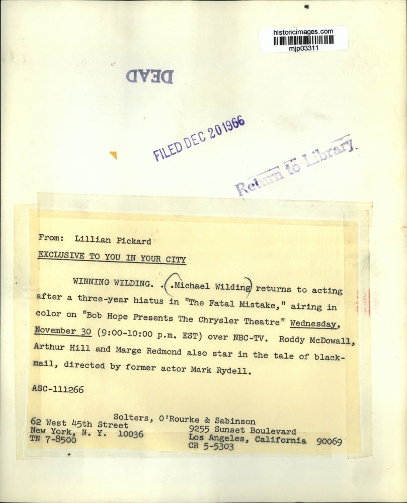 1966 Press Photo Michael Wilding in The Fatal Mistake - mjp03311