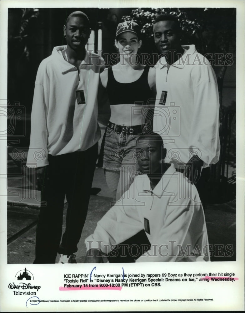 1995 Press Photo Figure skater Nancy Kerrigan and rappers 69 Boyz - mjp04112- Historic Images