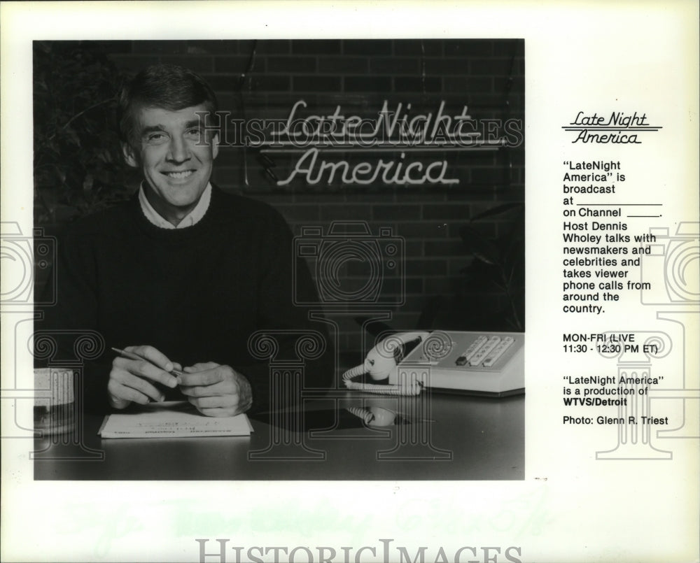 1985 Press Photo Dennis Wholey hosts Late Night America. - mjp04325- Historic Images