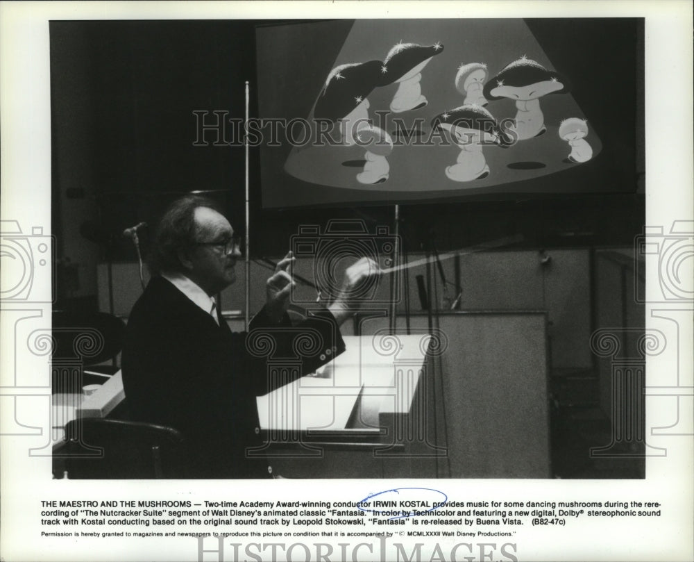 1982 Press Photo Irwin Kostal conducts symphony orchestra for Disney&#39;s Fantasia.- Historic Images