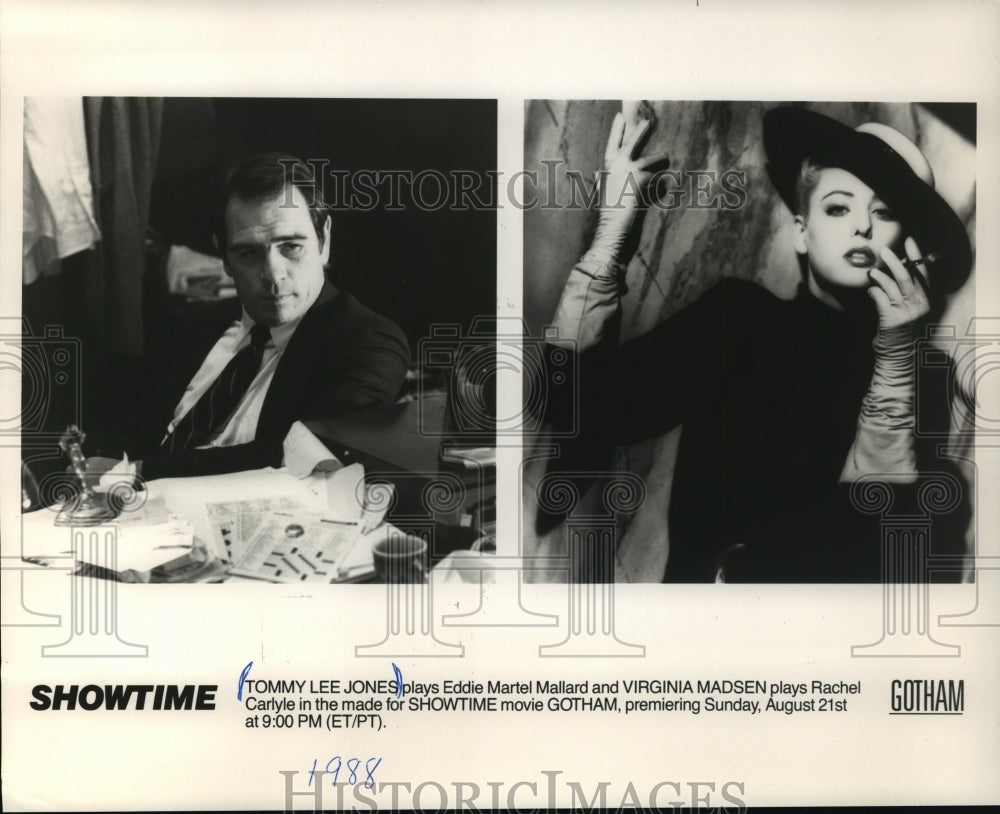 1988 Press Photo Tommy Lee Jones and Virginia Madsen in Gotham. - mjp05898