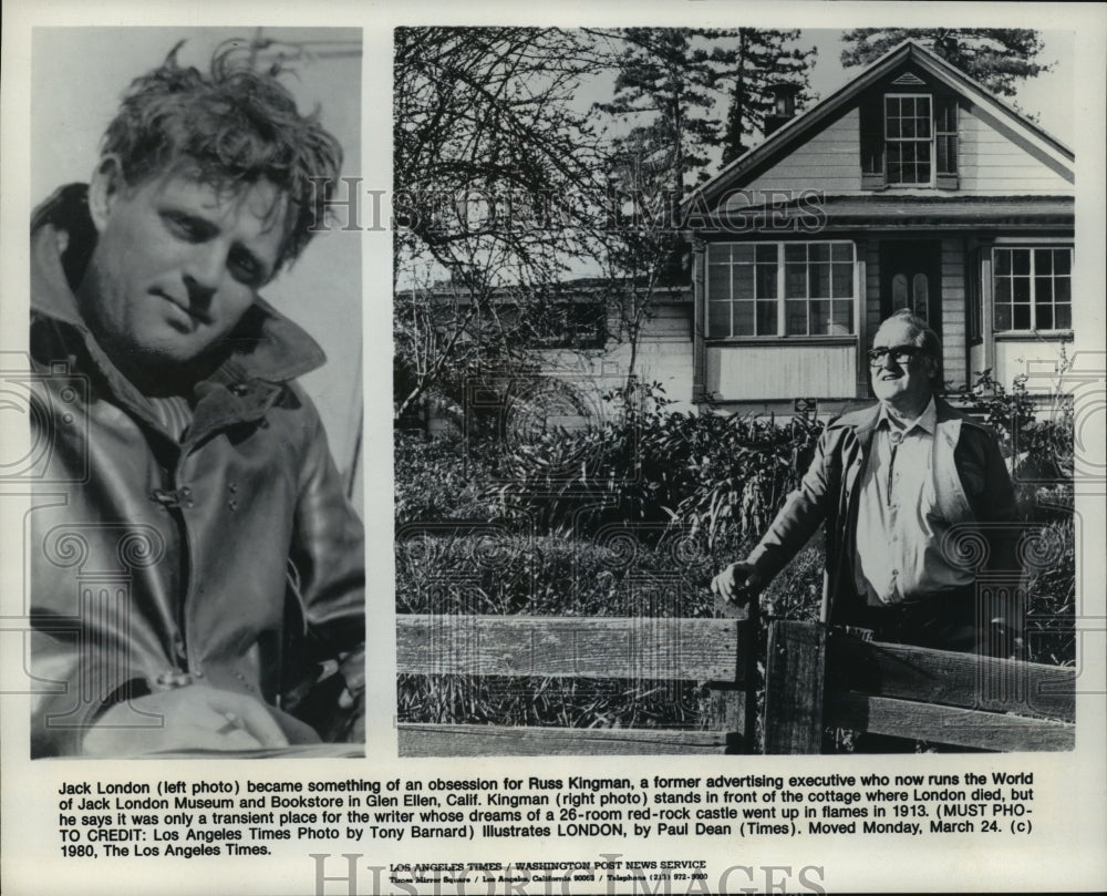 1980 Press Photo Russ Kingman stands outside cottage where Jack London died.- Historic Images