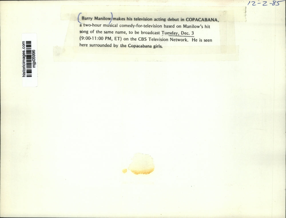 1985 Press Photo Barry Manilow makes his acting debut in Copacabana, on CBS.