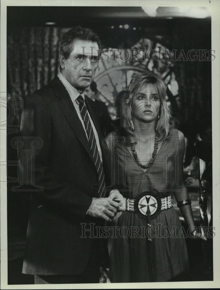 1984 Press Photo Rock Hudson and Sharon Stone Co-Star in "Las Vegas Strip Wars"- Historic Images