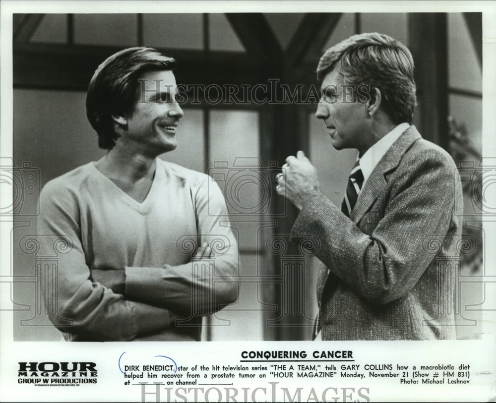 1985 Press Photo Dirk Benedict, &quot;The A Team&quot; &amp; Gary Collins on &quot;Hour Magazine&quot;- Historic Images