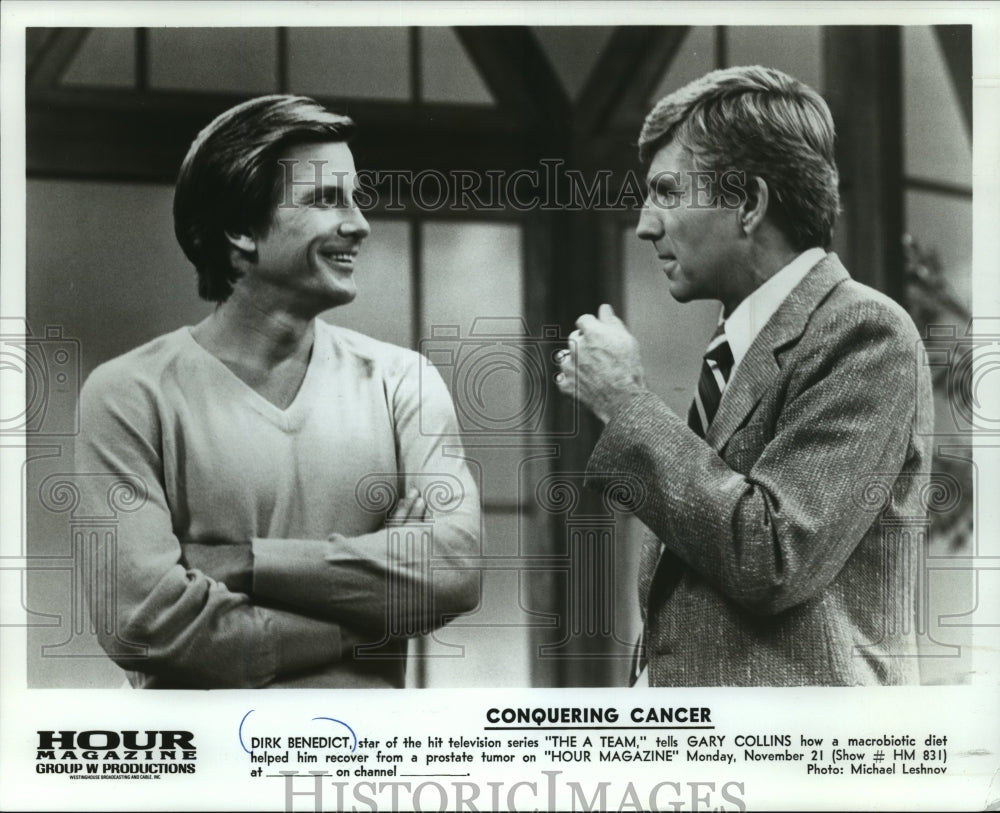 1985 Press Photo Dirk Benedict, "The A Team" & Gary Collins on "Hour Magazine"- Historic Images