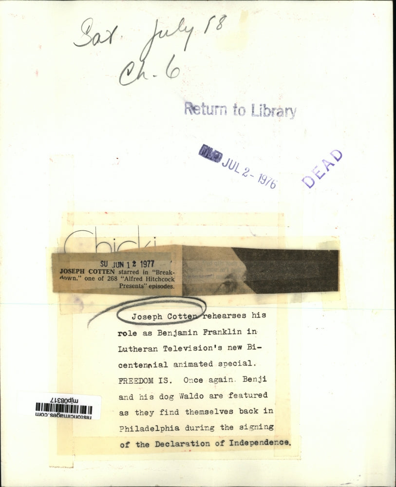 1977 Press Photo Joseph Cotton as Benjamin Franklin in "Freedom Is" - mjp08317