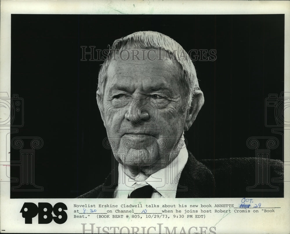 1973 Press Photo Erskine Cladwell talks to Robert Cromis on Book Beat on CBS.