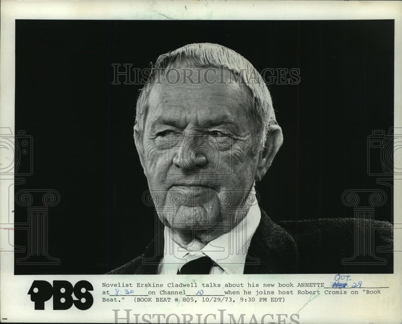 Load image into Gallery viewer, 1973 Press Photo Erskine Cladwell talks to Robert Cromis on Book Beat on CBS.
