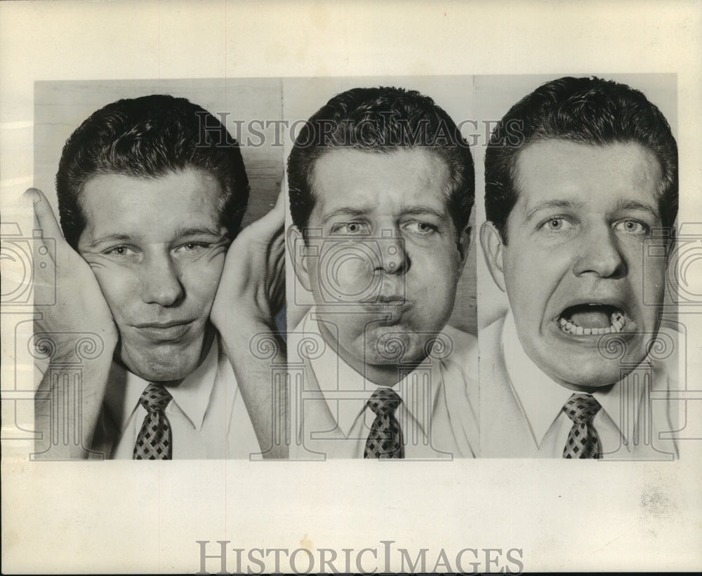 1962 Press Photo Author Robert Delmonteque demonstrates different faces.- Historic Images