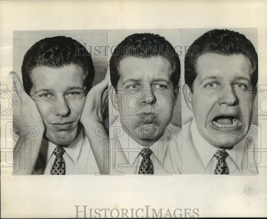 1962 Press Photo Author Robert Delmonteque demonstrates different faces.- Historic Images