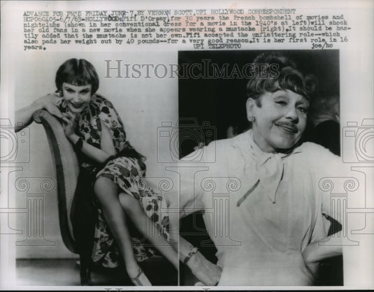 1963 Press Photo Fifi D'Orsay in the 1940's and with a mustache for 1963 movie.- Historic Images