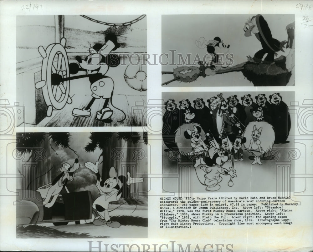 1928 Press Photo Scenes from Steamboat Willie, Alpine Climbers &amp; Plutopia.- Historic Images