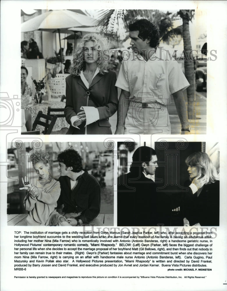 1995 Press Photo Sarah Jessica Parker and Antonio Banderas in Miami Rhapsody.- Historic Images