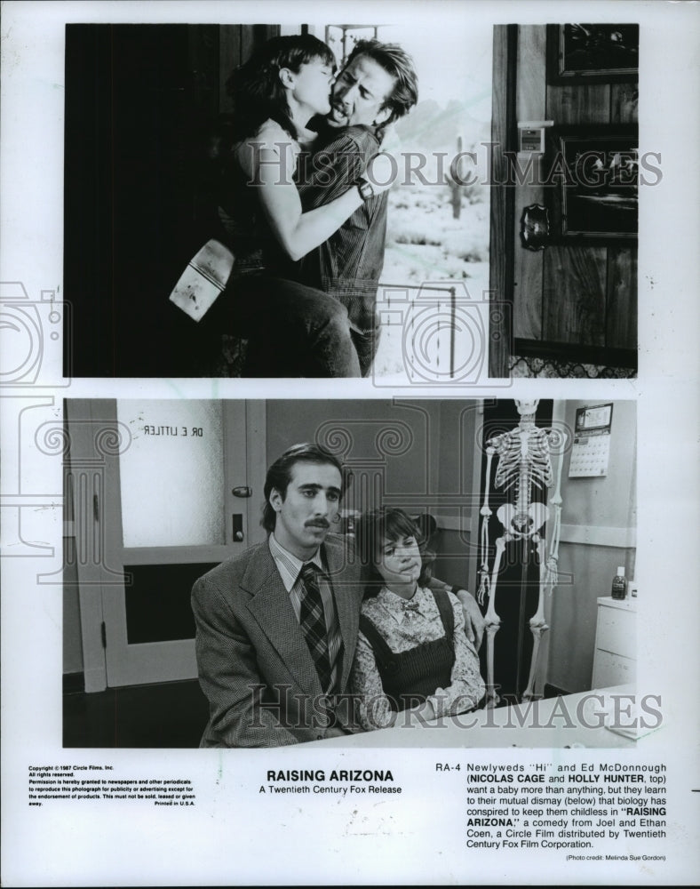 1987 Press Photo Nicolas Cage and Holly Hunter star in Raising Arizona.- Historic Images