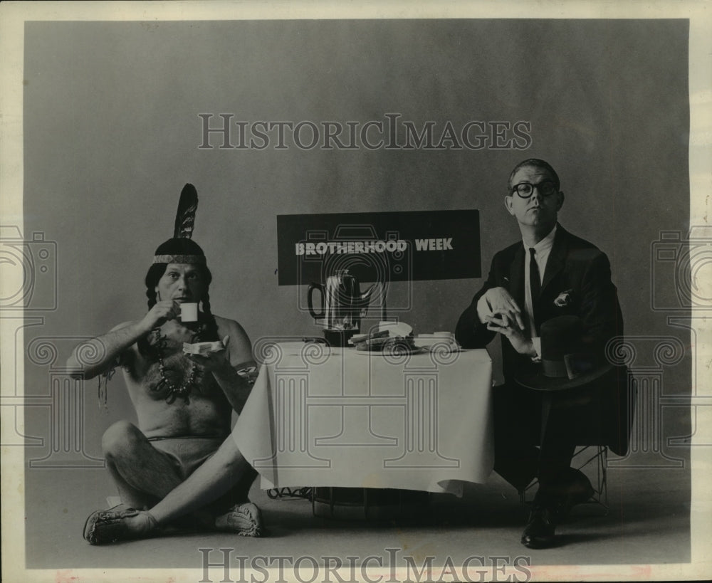 1961 Press Photo Stan Freberg sips tea in his &quot;Take an Indian to Lunch campaign&quot;- Historic Images