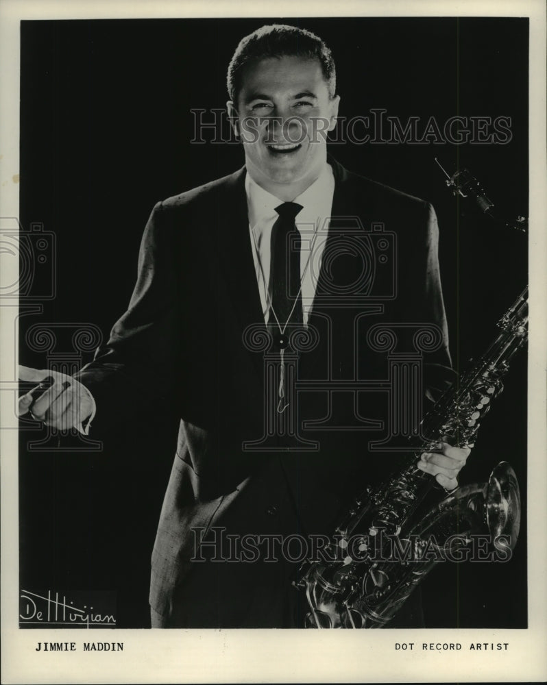 1957 Press Photo Musician &amp; Hollywood Entertainer Jimmie Maddin with Saxophone- Historic Images