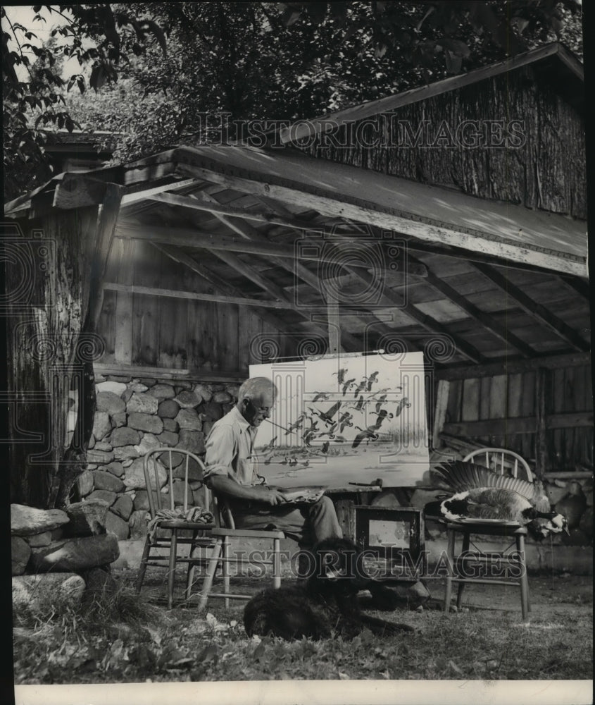 1949 Press Photo Wild life Artist Owen J. Grommee, painting at Big Cedar Lake.- Historic Images