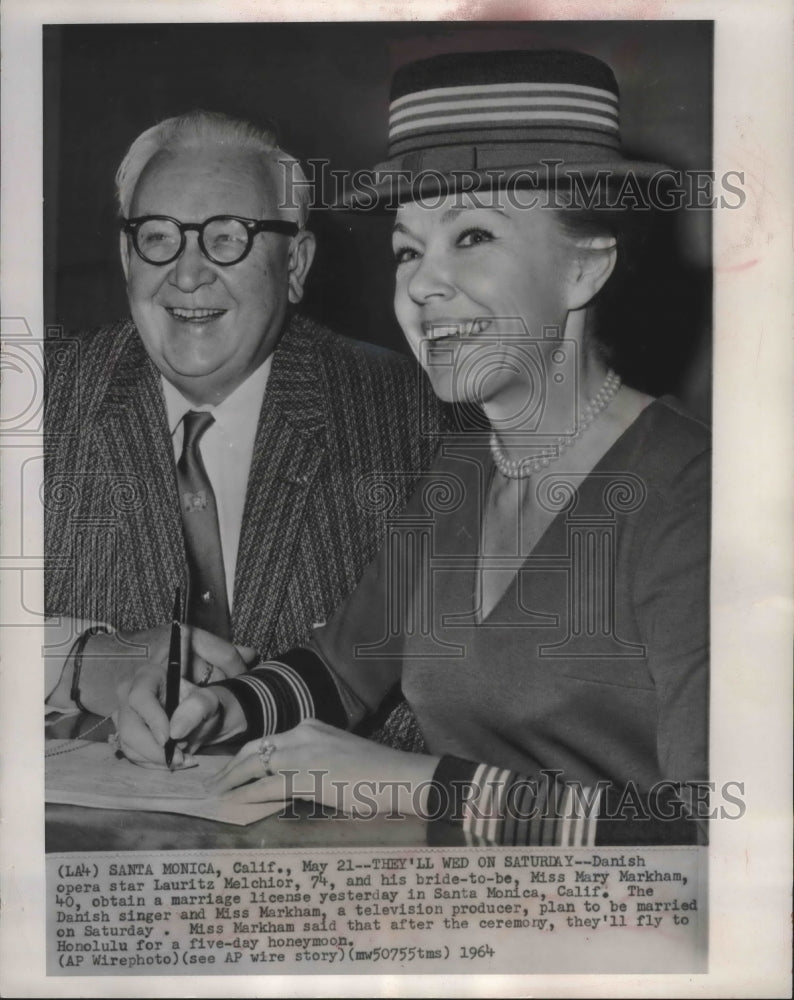 1964 Press Photo Lauritz Melchior, Mary Markham get marriage license, California- Historic Images