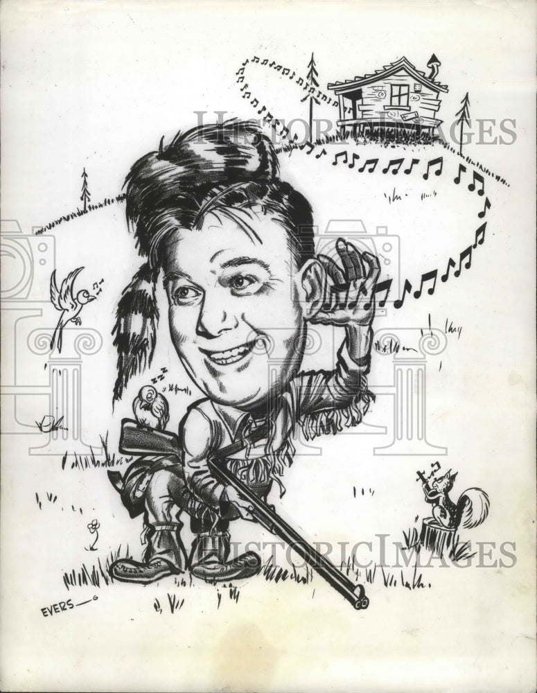 Press Photo Caricature of Arthur Godfrey listening to music from birds- Historic Images