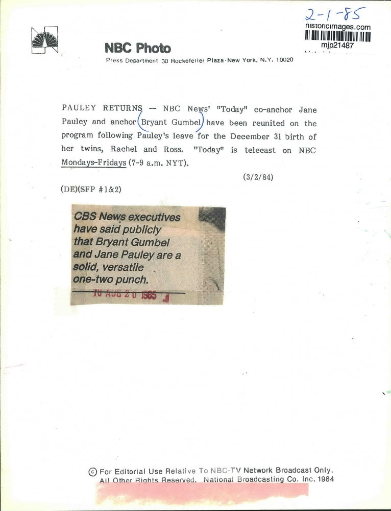 1984 Press Photo Anchors Bryant Gumbel and Jane Pauley In NBC News 'Today'