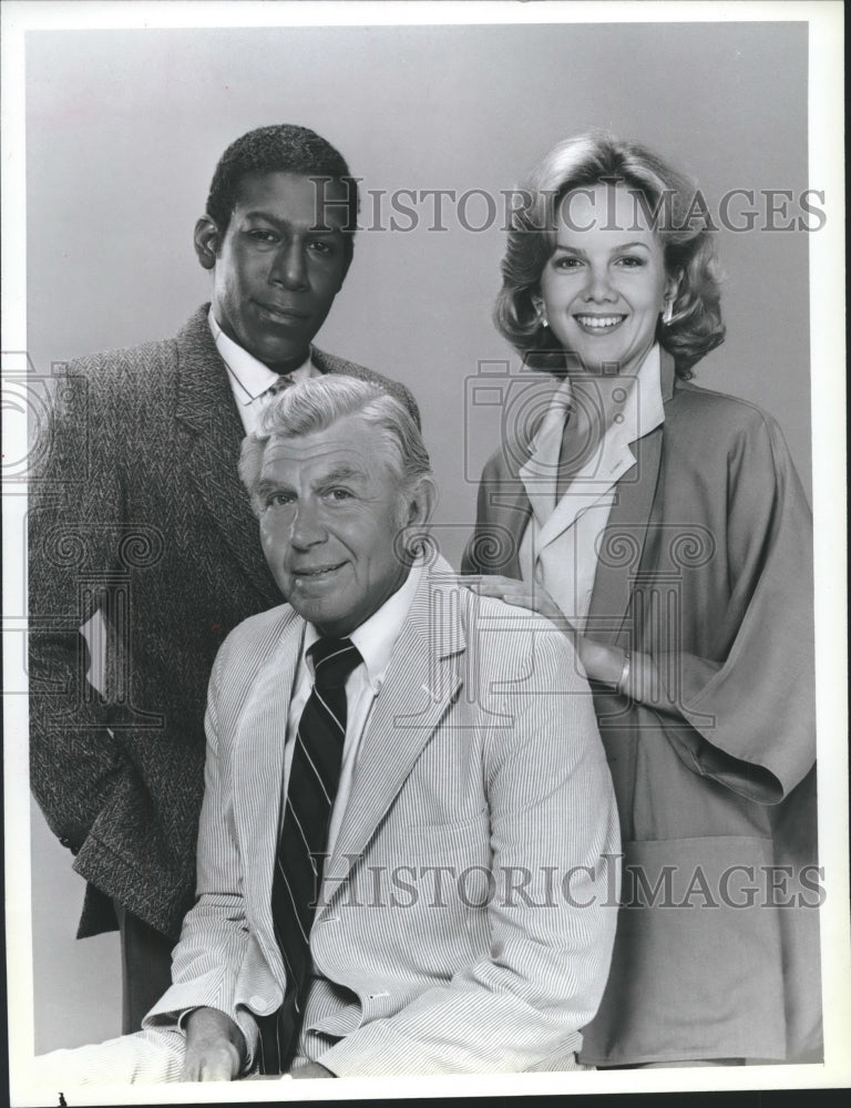 1986 Press Photo Kene Holliday, Andry Griffith and Linda Purl in NBC's "Matlock"- Historic Images