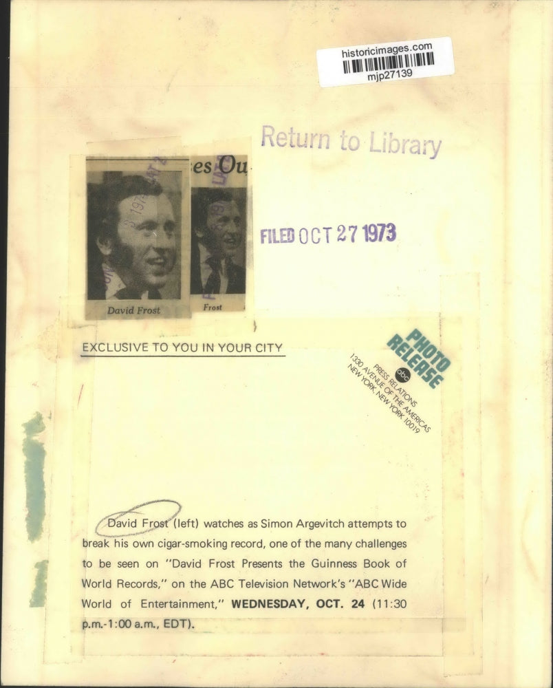 1973 Press Photo David Frost "DAVID FROST PRESENTS THE GUINNESS BOOK OF RECORDS"