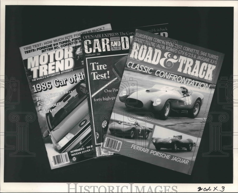 1986 Press Photo Car Magazines, Motor Trend, Car &amp; Driver, Road &amp; Track- Historic Images