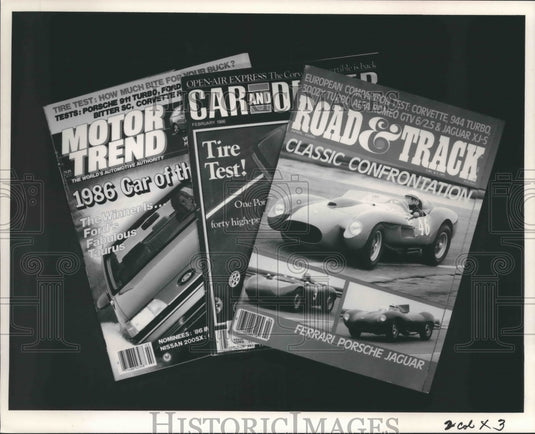 1986 Press Photo Car Magazines, Motor Trend, Car & Driver, Road & Track- Historic Images