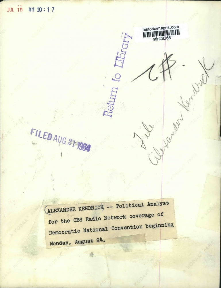 1964 Press Photo Alexander Kendrick, Political Analyst for CBS Radio Network