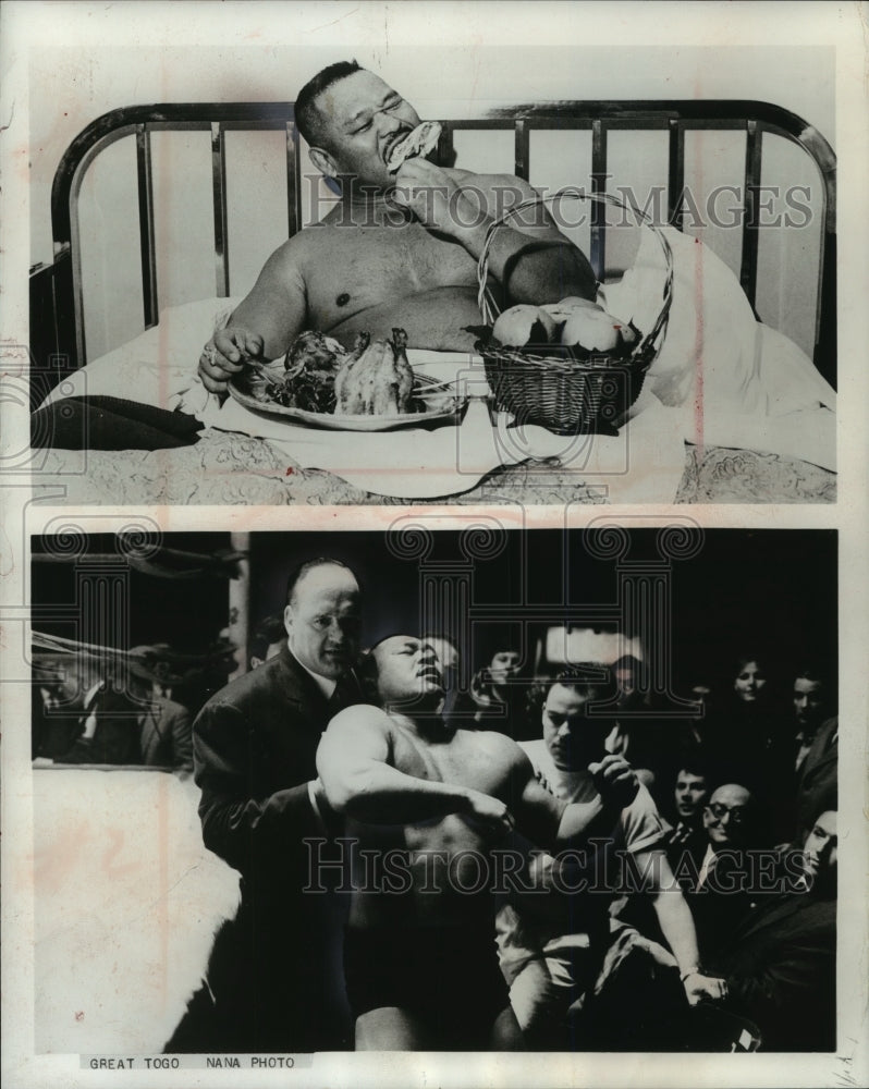 1985 Press Photo Harold Toshiyoki Sakata, wrestler, eats in his hotel bed- Historic Images