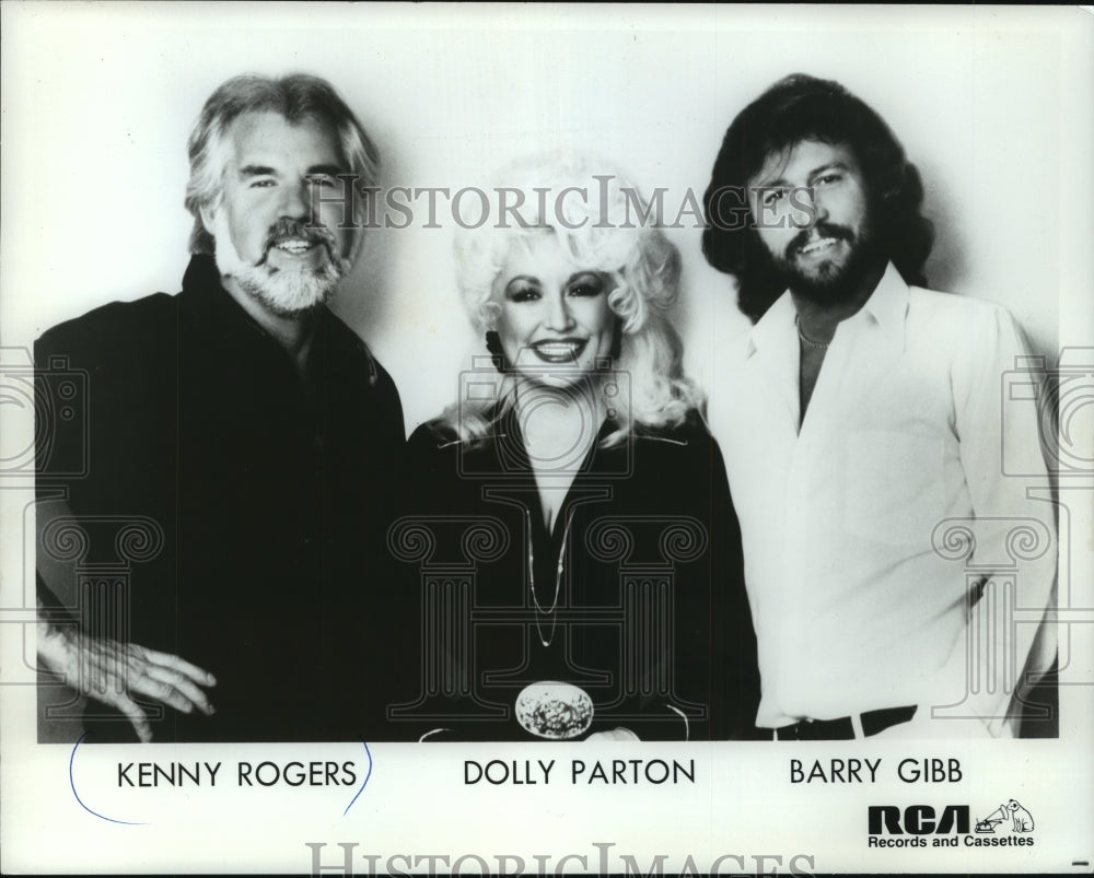 1983 Press Photo Recording artists Kenny Rogers, Dolly Parton & Barry Gibb
