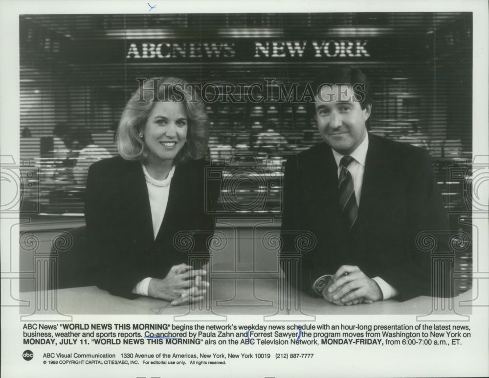 1988 Press Photo Paula Zahn And Forrest Sawyer On &#39;World News This Morning&#39;- Historic Images