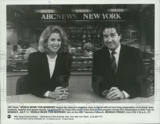 1988 Press Photo Paula Zahn And Forrest Sawyer On 'World News This Morning'- Historic Images