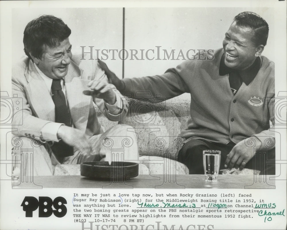 1974 Press Photo Rocky Graziano and Sugar Ray Robinson on PBS's "The Way It Was"- Historic Images