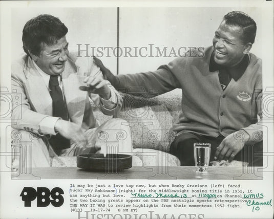 1974 Press Photo Rocky Graziano and Sugar Ray Robinson on PBS's "The Way It Was"- Historic Images
