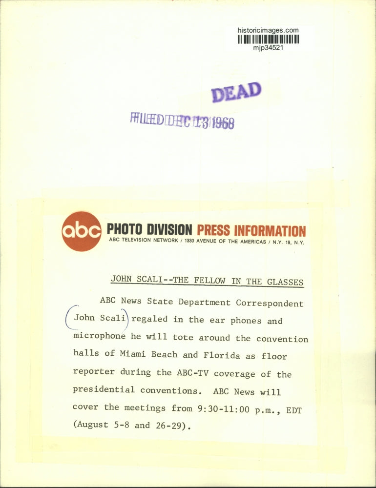 Load image into Gallery viewer, 1968 Press Photo John Scala, ABC News State Department Correspondent - mjp34521
