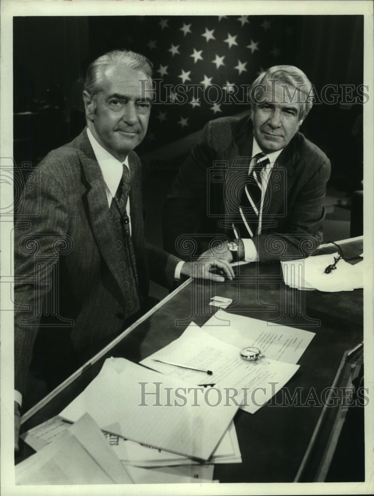 Load image into Gallery viewer, 1974 Press Photo Newsman, Howard K. Smith on set with another commentator
