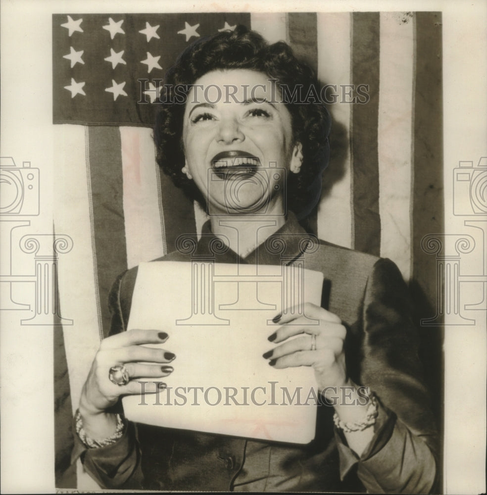 1953 Press Photo Actress Ann Rutherford with her citizenship papers, California- Historic Images