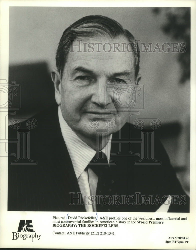 1994 Press Photo David Rockefeller is profiled on Biography: The Rockefellers.- Historic Images