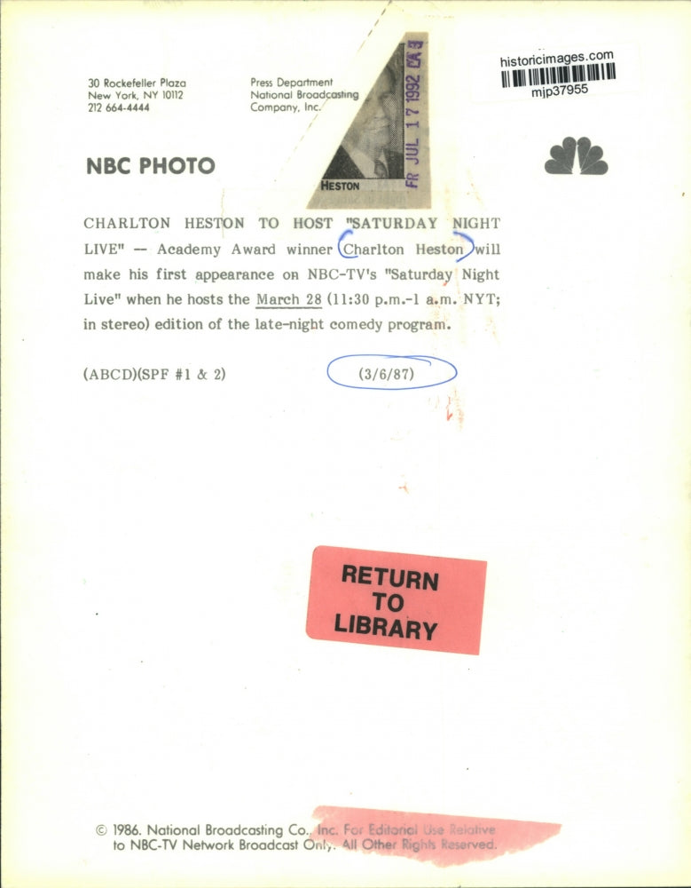 1986 Press Photo Charlton Heston Appears On NBC's 'Saturday Night Live'