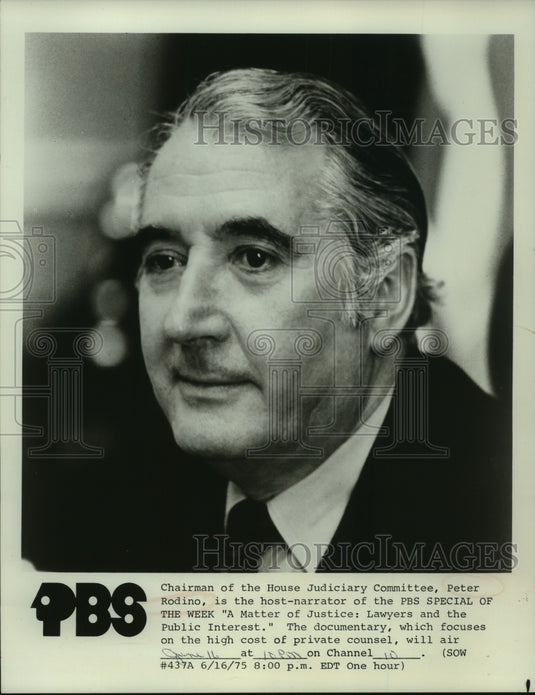1975 Press Photo Peter Rodino, is the host narrator of "A Matter of Justice"- Historic Images