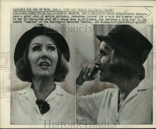 1967 Press Photo Actress Gloria Swanson rehearses for role in the play "Reprise"- Historic Images