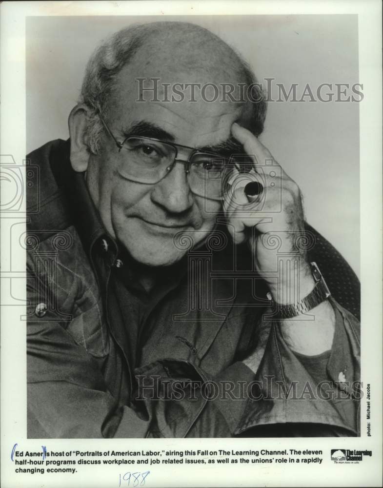 1988 Press Photo Ed Asner Hosts, &quot;Portraits of American Labor&quot; on Learning Ch.- Historic Images
