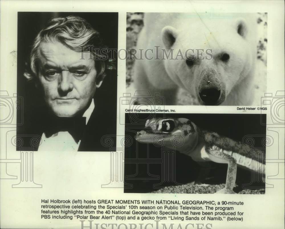 1985 Press Photo Hal Holbrook with fascinating creatures on National Geographic- Historic Images