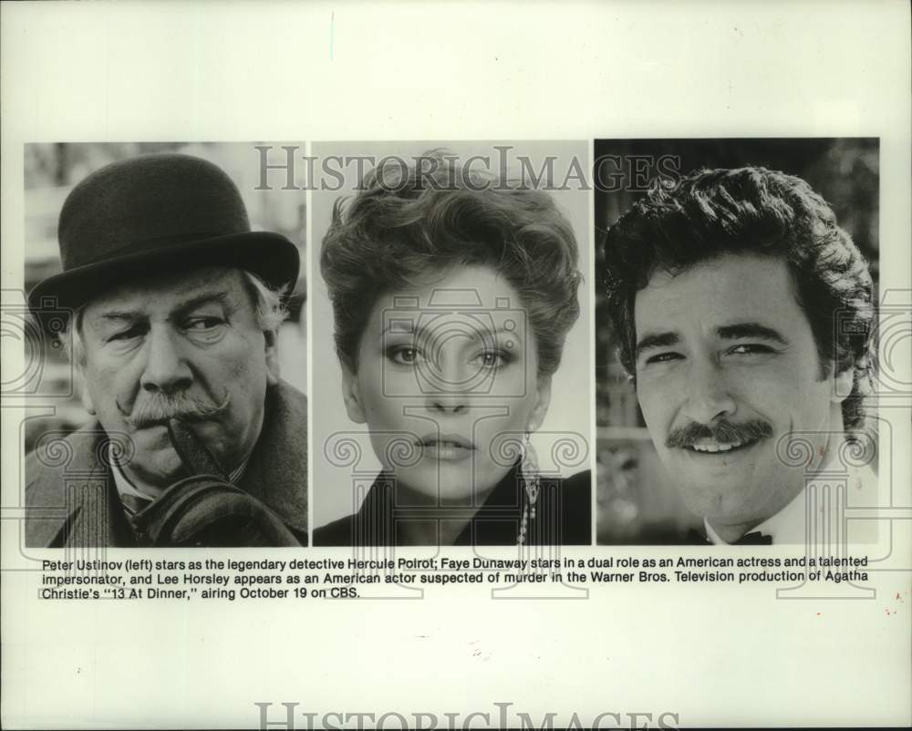 1985 Press Photo Peter Ustinov, Faye Dunaway and Lee Horsley in "13 At Dinner"- Historic Images