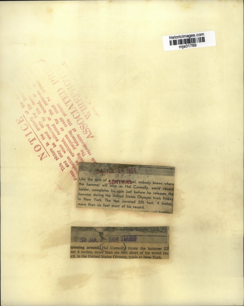 1964 Press Photo Hal Connolly threw hammer short of his world record at NY