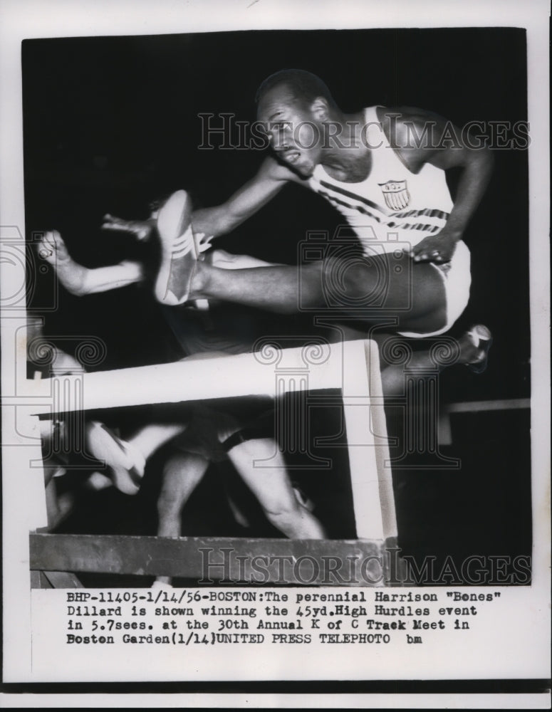 1956 Press Photo Harrison Dillard in 45-yard high hurdle event in Boston- Historic Images
